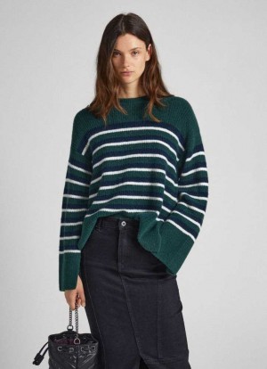 Pepe Jeans Randig Round Neck Knit Stickat Dam Gröna | 562830WSJ