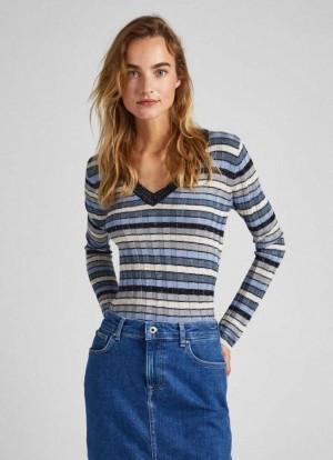Pepe Jeans Randig V-neck Knit Stickat Dam Olika Färger | 917638XID
