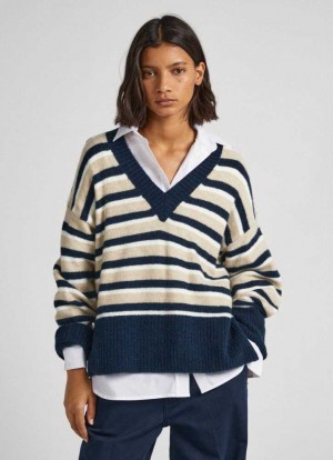 Pepe Jeans Randig V-neck Sweatshirt Stickat Dam Olika Färger | 275043IRZ