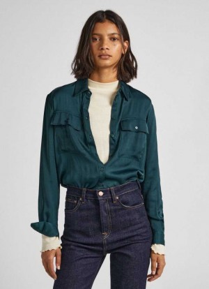 Pepe Jeans Regular Fit Satin Shirt Skjorta Dam Gröna | 981732RCY