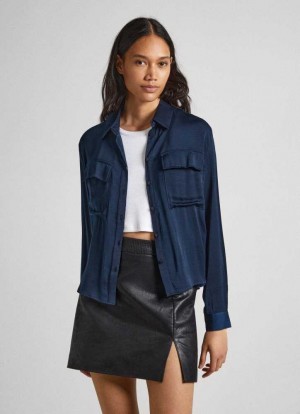 Pepe Jeans Regular Fit Satin Shirt Skjorta Dam Blå | 035971ZLW