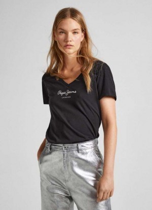 Pepe Jeans Regular V-neck T-shirt T-shirt Dam Svarta | 197826WKZ