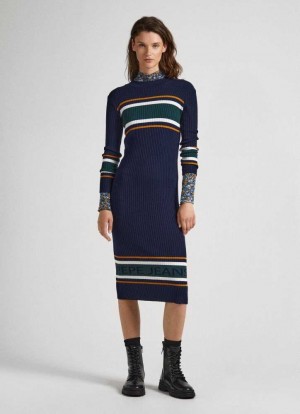 Pepe Jeans Räfflad Knit Klänning Klänning Dam Blå | 497528GRD