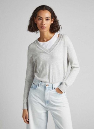 Pepe Jeans Räfflad Knit Stickat Dam Ljusgrå | 370245NQG