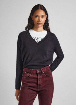 Pepe Jeans Räfflad Knit Stickat Dam Svarta | 540761RZN