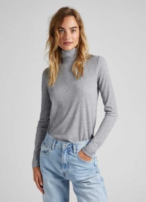 Pepe Jeans Räfflad Turtleneck Long Sleeve T-shirt T-shirt Dam Grå | 782504EXQ