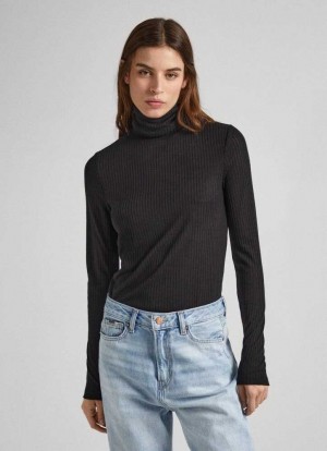 Pepe Jeans Räfflad Turtleneck Long Sleeve T-shirt T-shirt Dam Svarta | 714920NVM