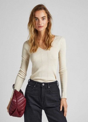 Pepe Jeans Räfflad V-neck Knit Stickat Dam Vita | 456971UJW