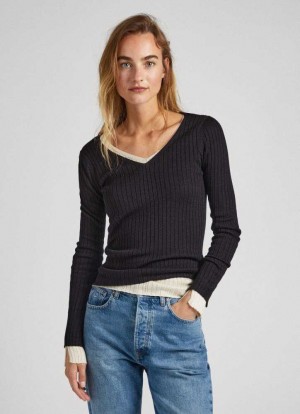Pepe Jeans Räfflad V-neck Knit Stickat Dam Svarta | 453062SIZ