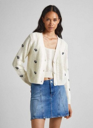 Pepe Jeans Rib Detail Cardigan Stickat Dam Vita | 819205CMD