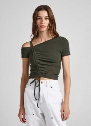 Pepe Jeans Rib T-shirt With Asymmetrical Collar T-shirt Dam Olivgröna Gröna | 341950ZUM