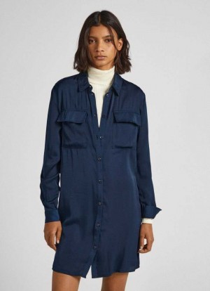 Pepe Jeans Satin Button-up Klänning Klänning Dam Blå | 857234OIG