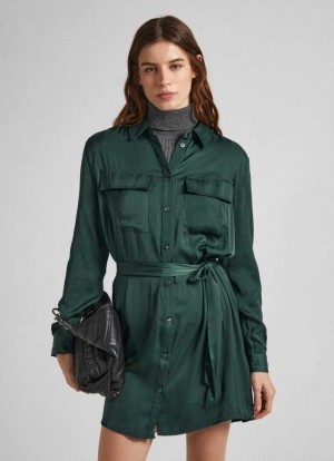 Pepe Jeans Satin Button-up Klänning Klänning Dam Gröna | 841563MXO