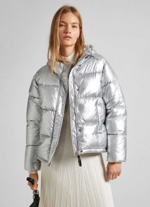 Pepe Jeans Silver Puffer Jacket Jacka Dam Silver | 826130BNE