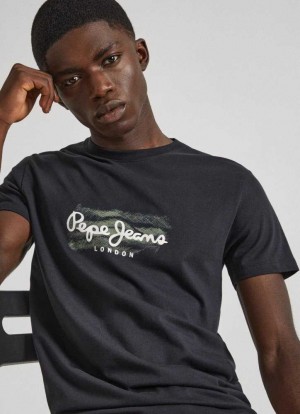 Pepe Jeans Slim Fit T-shirt With Printed Logo T-shirt Herr Svarta | 145207ARW