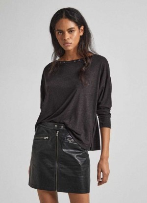 Pepe Jeans Solid Colour T-shirt With Studded Neck T-shirt Dam Svarta | 284976BQO
