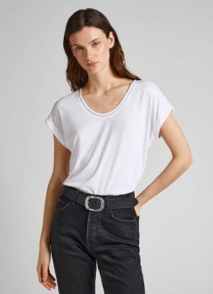 Pepe Jeans Spets Detail T-shirt T-shirt Dam Vita | 486301JBX