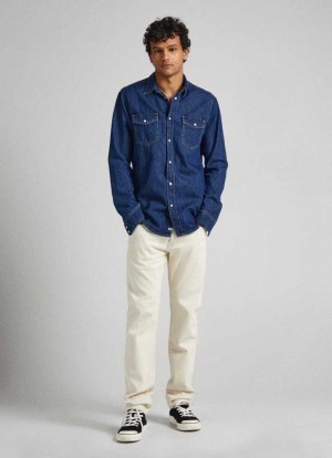 Pepe Jeans Stanley Fit Mid-rise Jeans Slim Jeans Herr Blå | 265793XCS