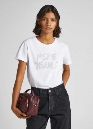 Pepe Jeans Strass Logo T-shirt T-shirt Dam Vita | 386510VWO