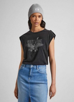Pepe Jeans Strass Logo T-shirt T-shirt Dam Svarta | 234950YMP
