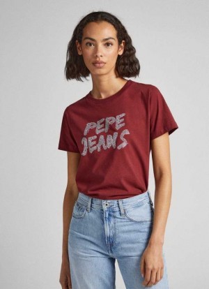 Pepe Jeans Strass Logo T-shirt T-shirt Dam Vinröda Röda | 109723IAH