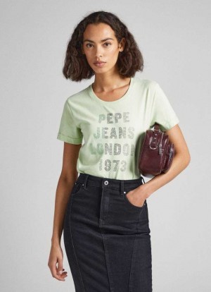Pepe Jeans Strass Logo T-shirt T-shirt Dam Gröna | 036928DYC