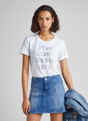 Pepe Jeans Strass Logo T-shirt T-shirt Dam Vita | 854317RWG