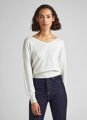 Pepe Jeans Textured V-neck Sweatshirt Stickat Dam Vita | 743921DMC