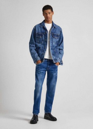 Pepe Jeans Track Regular Fit Mid-rise Jeans Straight Jeans Herr Blå | 670421KOW