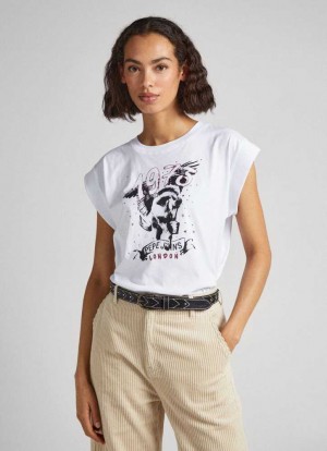 Pepe Jeans T-shirt With Rhinestone Detail T-shirt Dam Vita | 269574AGL