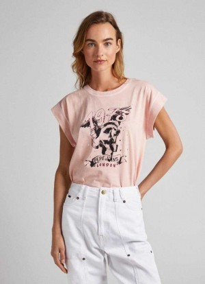Pepe Jeans T-shirt With Rhinestone Detail T-shirt Dam Grå Rosa Rosa | 156239AFD
