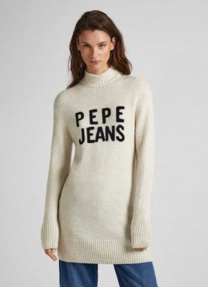Pepe Jeans Turtleneck Klänning With Logo Stickat Dam Vita | 485293YUF