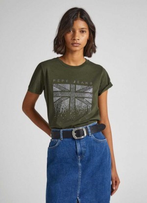 Pepe Jeans Union Jack Strass T-shirt T-shirt Dam Olivgröna Gröna | 843169YBI