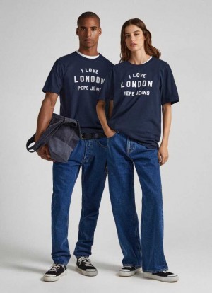 Pepe Jeans Unisex I Love London Printed T-shirt T-shirt Herr Blå | 834160OKA
