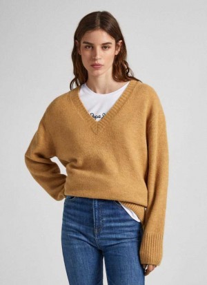 Pepe Jeans V-neck Knit Stickat Dam Bruna Beige | 236710ZCX