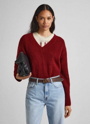 Pepe Jeans V-neck Knit Stickat Dam Vinröda Röda | 856709PXV