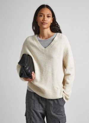 Pepe Jeans V-neck Knit Stickat Dam Vita | 529138GUZ